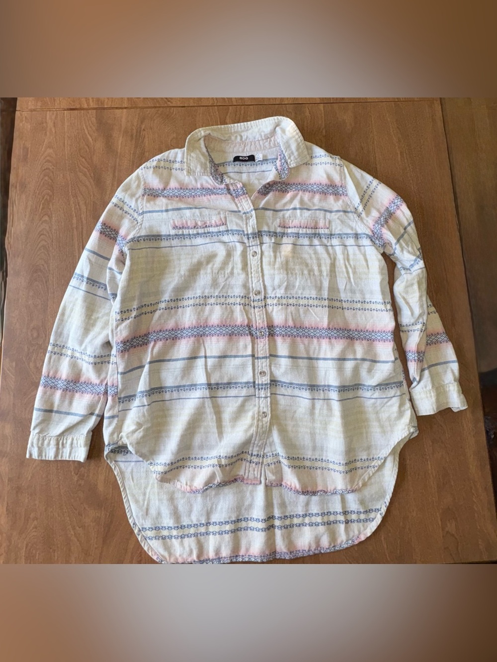 BDG Cream Button-Down Shirt with Blue & Pink Stripes